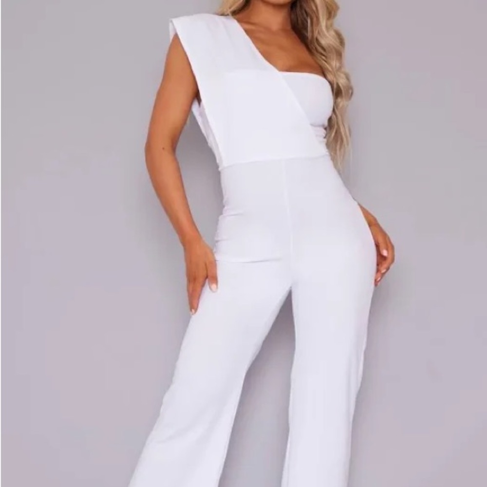 PLT White Drape One Shoulder Jumpsuit